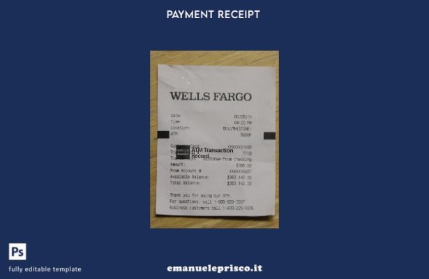 modello di ricevuta di pagamento della società USA Wells Fargo in stile verifica